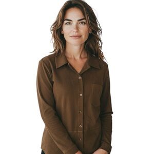 Elegant Brown Button Down Faux Suede Shirt for Women. Gently Worn. Size XL.